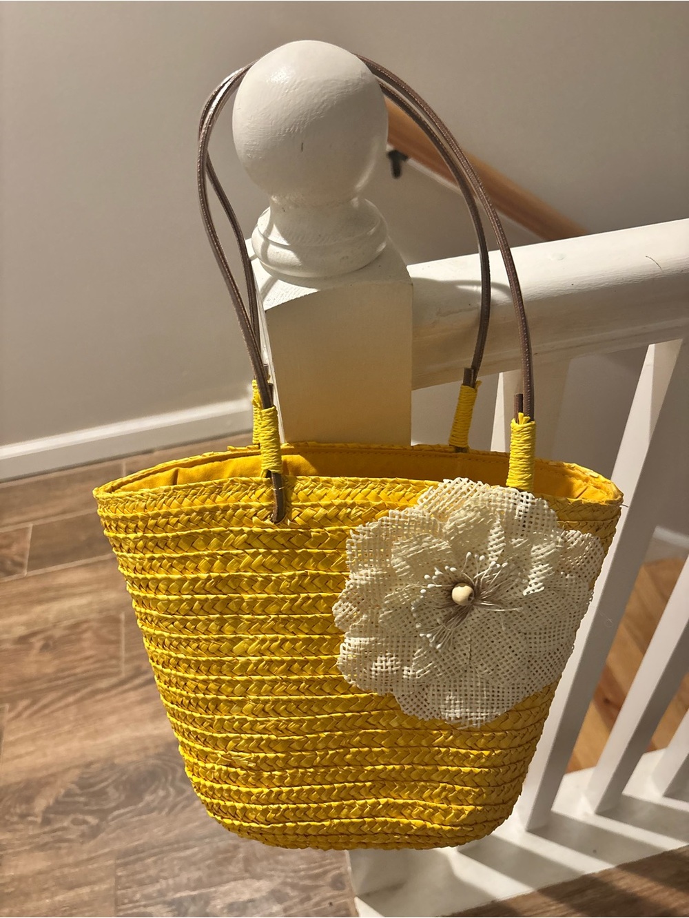 Yellow Straw Tote Bag with Floral Accent